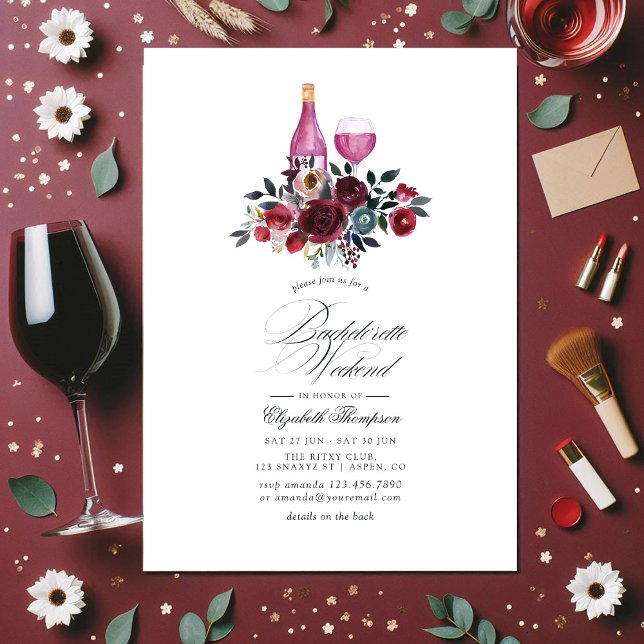 Burgundy and Navy Floral Wine Bachelorette Weekend Invitation (Burgundy and Navy Floral Wine Bachelorette Weekend Invitation)