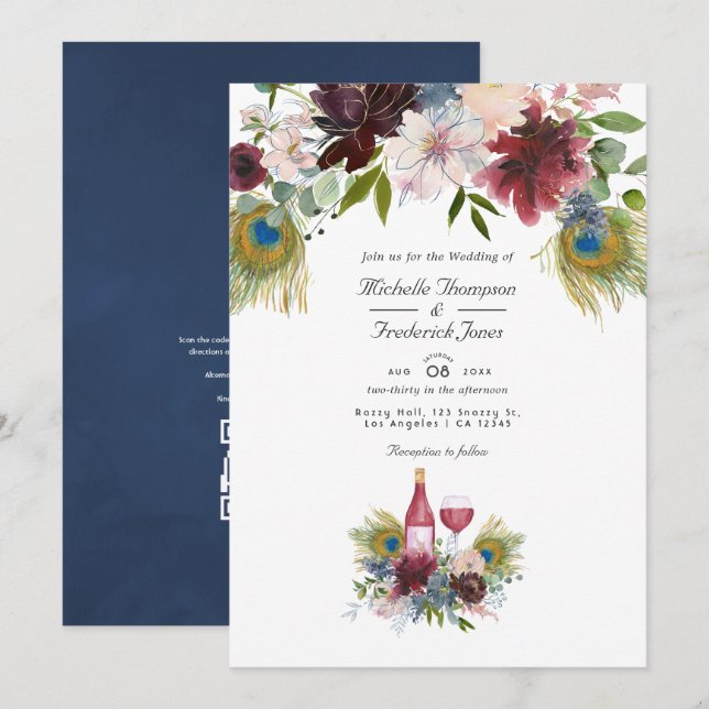 Burgundy and Navy Peacock Wine Tasting Wedding Invitation (Front/Back)