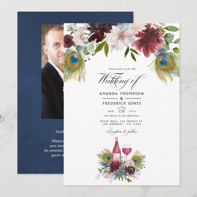 Burgundy and Navy Peacock Wine Themed Wedding Invi Invitation (Front/Back)