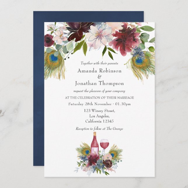 Burgundy and Navy Peacock Wine Themed Wedding Invitation (Front/Back)