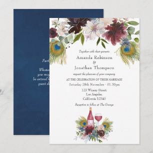 Burgundy and Navy Peacock Wine Themed Wedding Invitation
