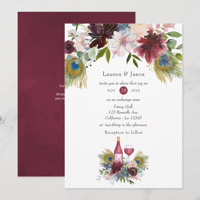 Burgundy and Navy Peacock Wine Themed Wedding Invitation (Front/Back)