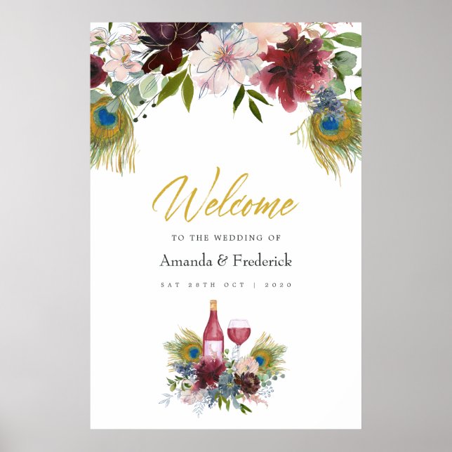 Burgundy and Navy Peacock Wine Themed Wedding Poster (Front)