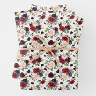 Burgundy and Navy Watercolor Botanical Pattern Wrapping Paper Sheet