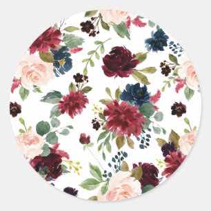 Burgundy and Navy Watercolor Floral Pattern Classic Round Sticker