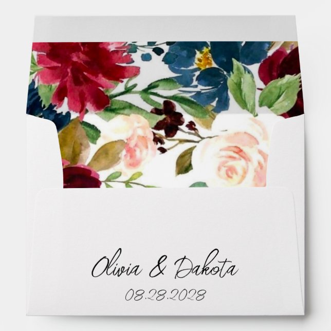 Burgundy and Navy Watercolor Floral Wedding Envelope (Back (Bottom))