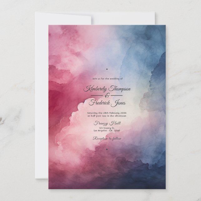 Burgundy and Navy Watercolor Ink Wedding Invitation (Front)