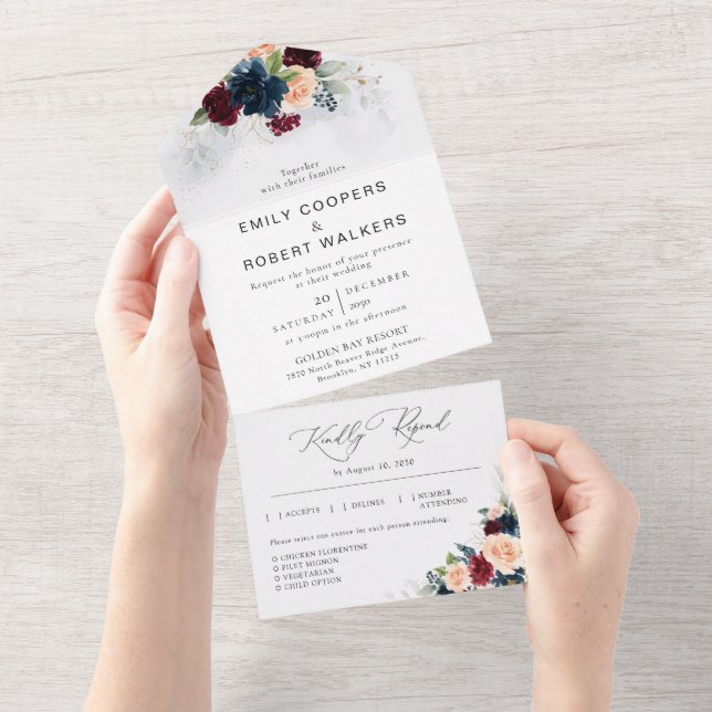 Burgundy and Navy Wedding All in One Invitation (Tearaway)