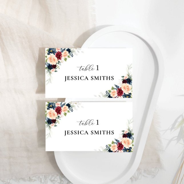 Burgundy and Navy Wedding Flat Place Card (Creator Uploaded)