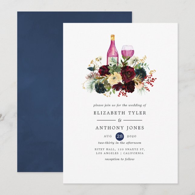 Burgundy and Navy Wine Christmas Floral Wedding Invitation (Front/Back)