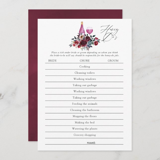 Burgundy and Navy Wine Tasting Bridal Shower Game Invitation (Front/Back)