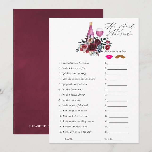 Burgundy and Navy Wine Tasting Bridal Shower Game Invitation (Front/Back)