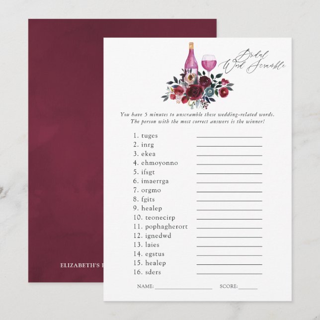 Burgundy and Navy Wine Tasting Bridal Shower Game Invitation (Front/Back)