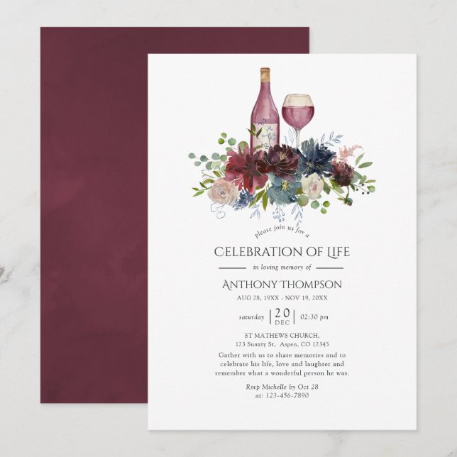 Burgundy and Navy Wine Tasting Celebration of Life Invitation (Front/Back)