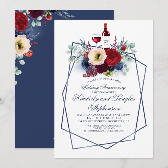 Burgundy and Navy Wine Tasting Wedding Anniversary Invitation (Front/Back)
