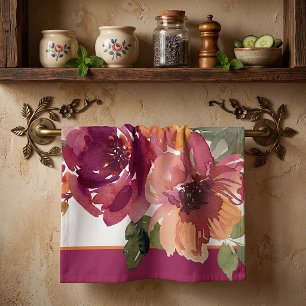 Burgundy and orange fall watercolor flowers tea towel