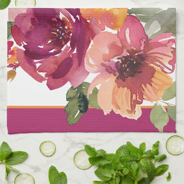 Burgundy and orange fall watercolor flowers  tea towel (Folded)