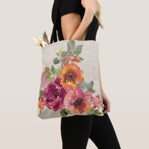 Burgundy and orange fall watercolor flowers tote bag