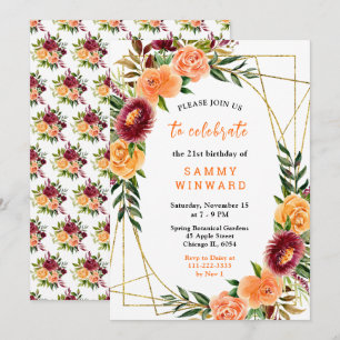Burgundy and Orange Flowers Birthday Invitation