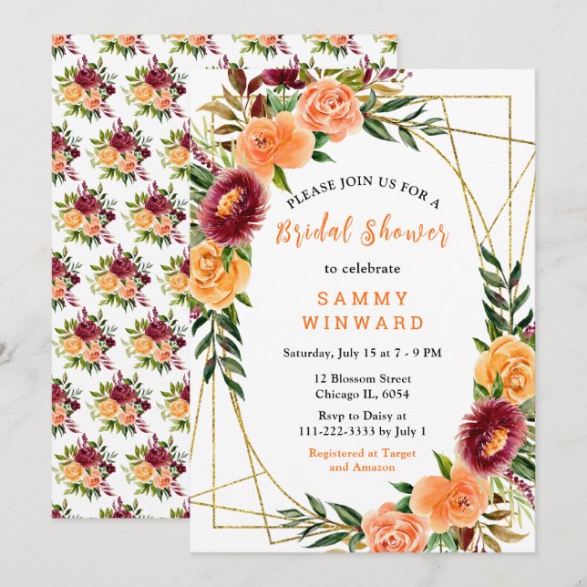 Burgundy and Orange Flowers Bridal Shower Invitation (Front/Back)