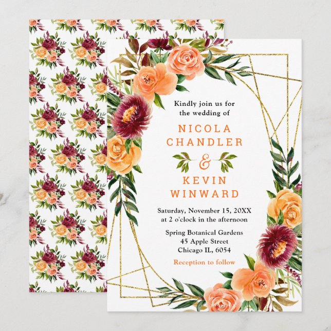 Burgundy and Orange Flowers Wedding Invitation (Front/Back)