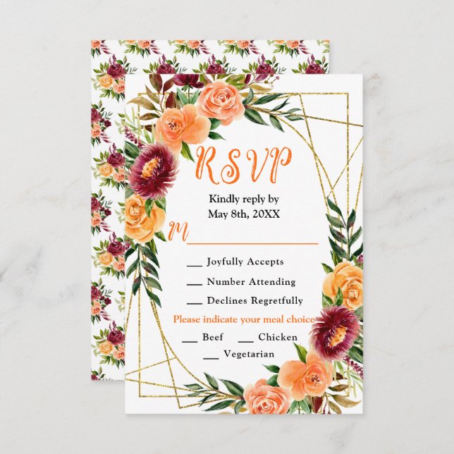 Burgundy and Orange Flowers Wedding RSVP Card (Front/Back)