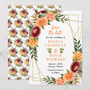 Burgundy and Orange Flowers Wedding Save The Date