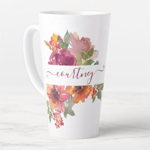 Burgundy and orange watercolor floral personalised latte mug
