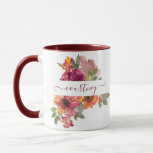 Burgundy and orange watercolor floral personalised mug