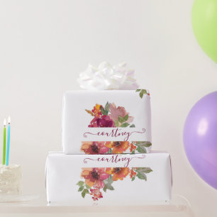 Burgundy and orange watercolor floral personalised wrapping paper