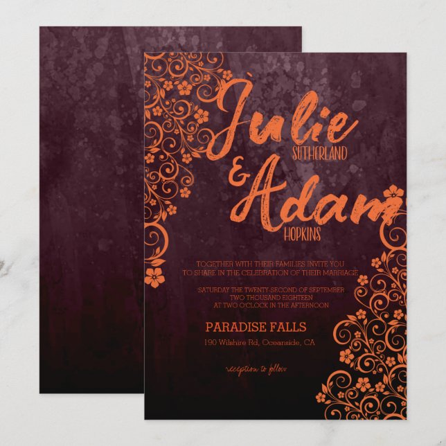 Burgundy and Orange Wedding Invitation (Front/Back)
