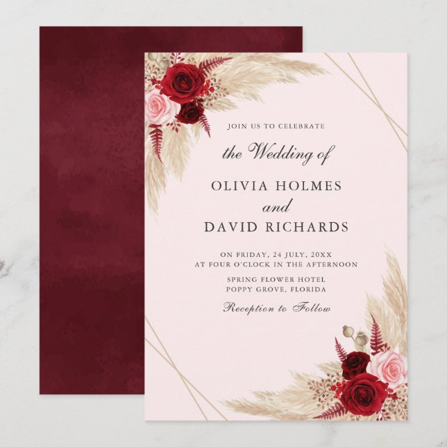 Burgundy and Pampas Grass Wedding Invitation (Front/Back)