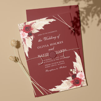 Burgundy and Pampas Grass Wedding Invitation