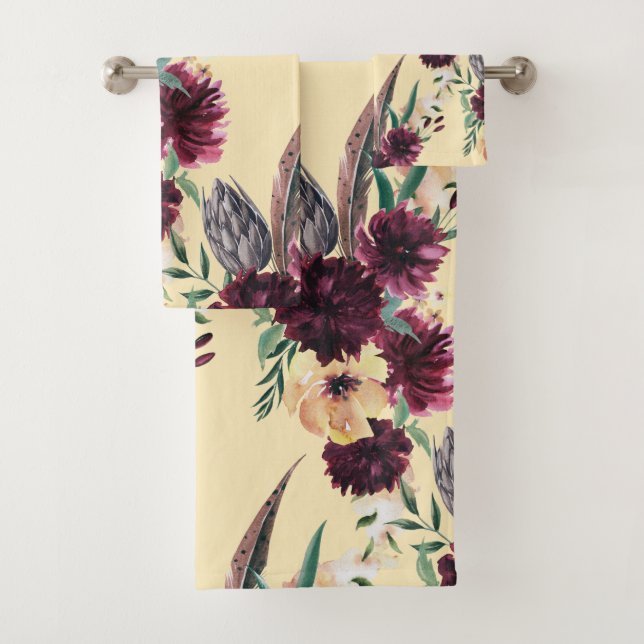 Burgundy and Peach Contemporary Floral Bath Towels (Insitu)