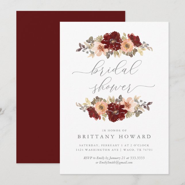 Burgundy and Peach Floral Bridal Shower Invitation (Front/Back)