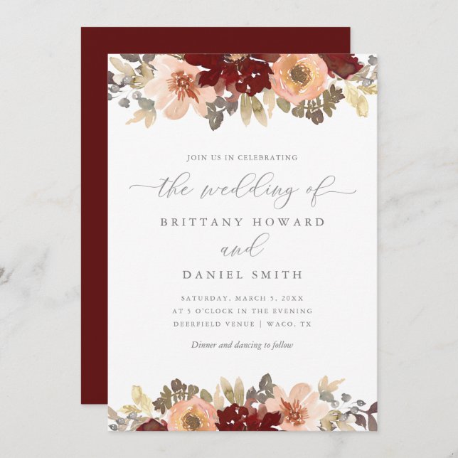Burgundy and Peach Floral Greenery Wedding Invitation (Front/Back)