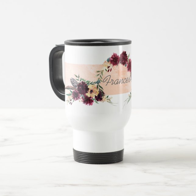 Burgundy and Peach Floral Personalised Travel Mug (Front Left)