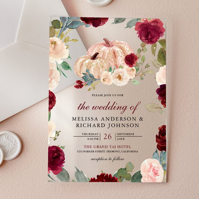 Burgundy and Peach Floral Pumpkin Wedding Acrylic Invitations (Creator Uploaded)