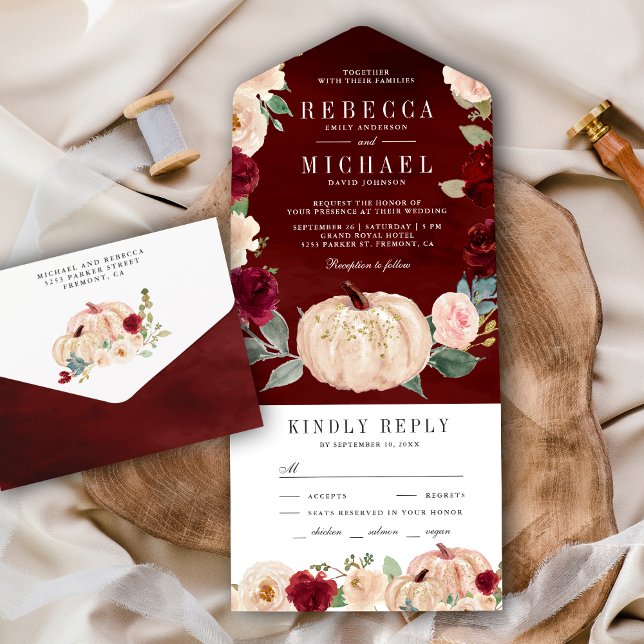 Burgundy and Peach Floral Pumpkin Wedding All In One Invitation (Creator Uploaded)