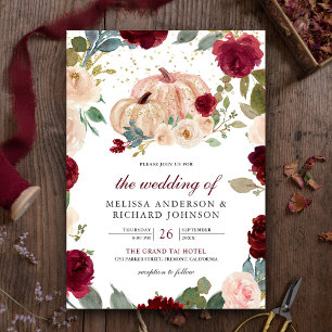 Burgundy and Peach Floral Pumpkin Wedding Invitation