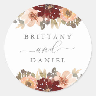 Burgundy and Peach Floral Wedding Classic Round Sticker