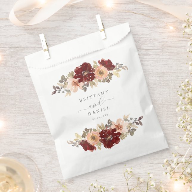 Burgundy and Peach Floral Wedding Favour Bags (Clipped)