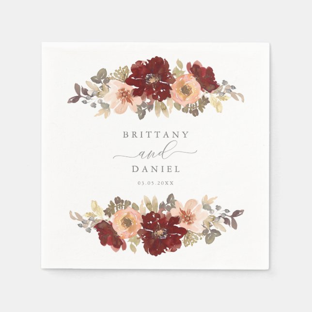 Burgundy and Peach Floral Wedding Napkin (Front)