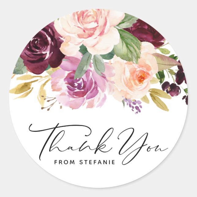 Burgundy and Peach Flowers Birthday Thank You Classic Round Sticker (Front)