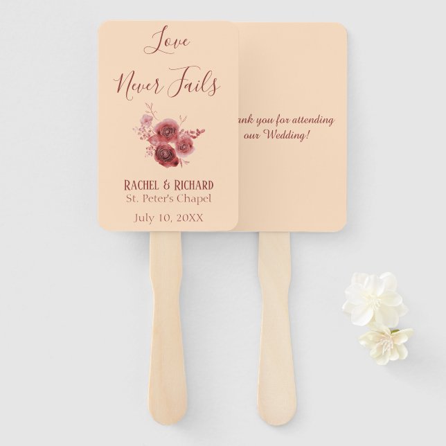 Burgundy and peach love never fails hand fan (Front and Back)