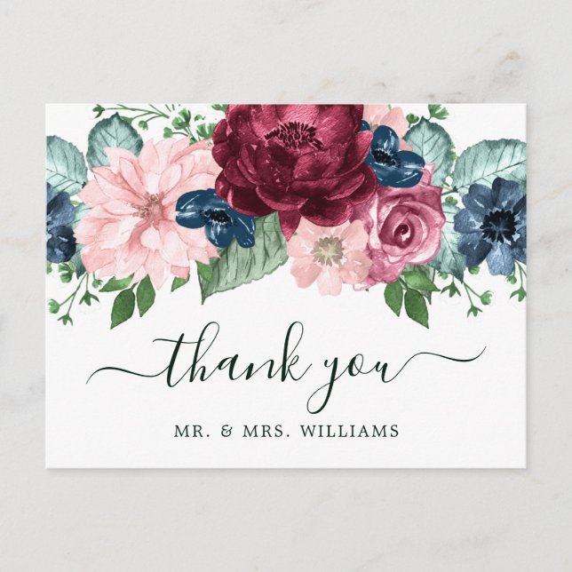 Burgundy and Peach Water Colour Floral Announcement Postcard (Front)