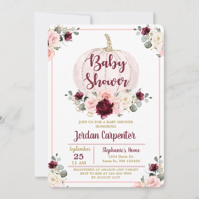 Burgundy and Pink Baby Girl Shower Invitation (Front)