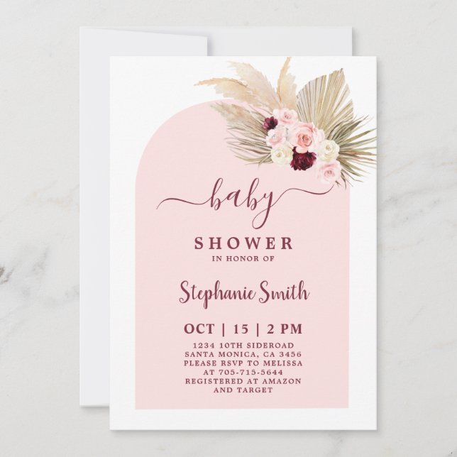 Burgundy and Pink Boho Baby Shower Girl Invitation (Front)