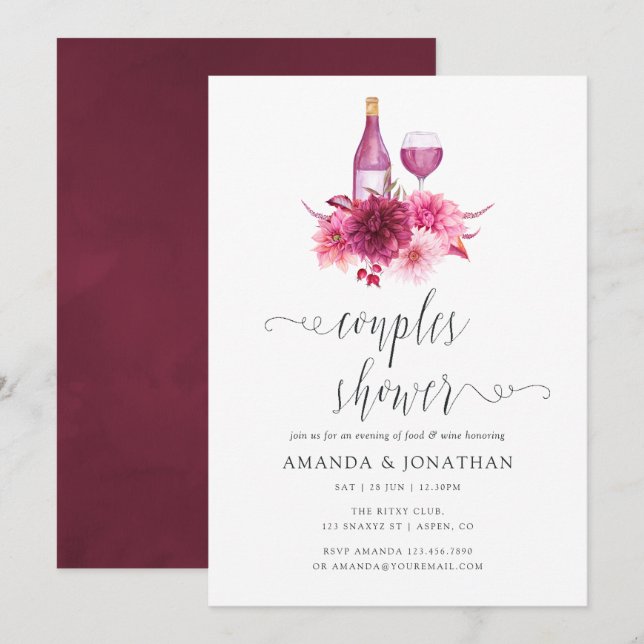 Burgundy and Pink Couples Shower Wine Tasting Invitation (Front/Back)