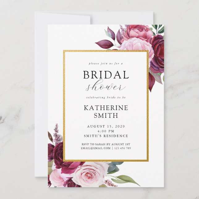 Burgundy and Pink Elegant Floral Bridal Shower Invitation (Front)